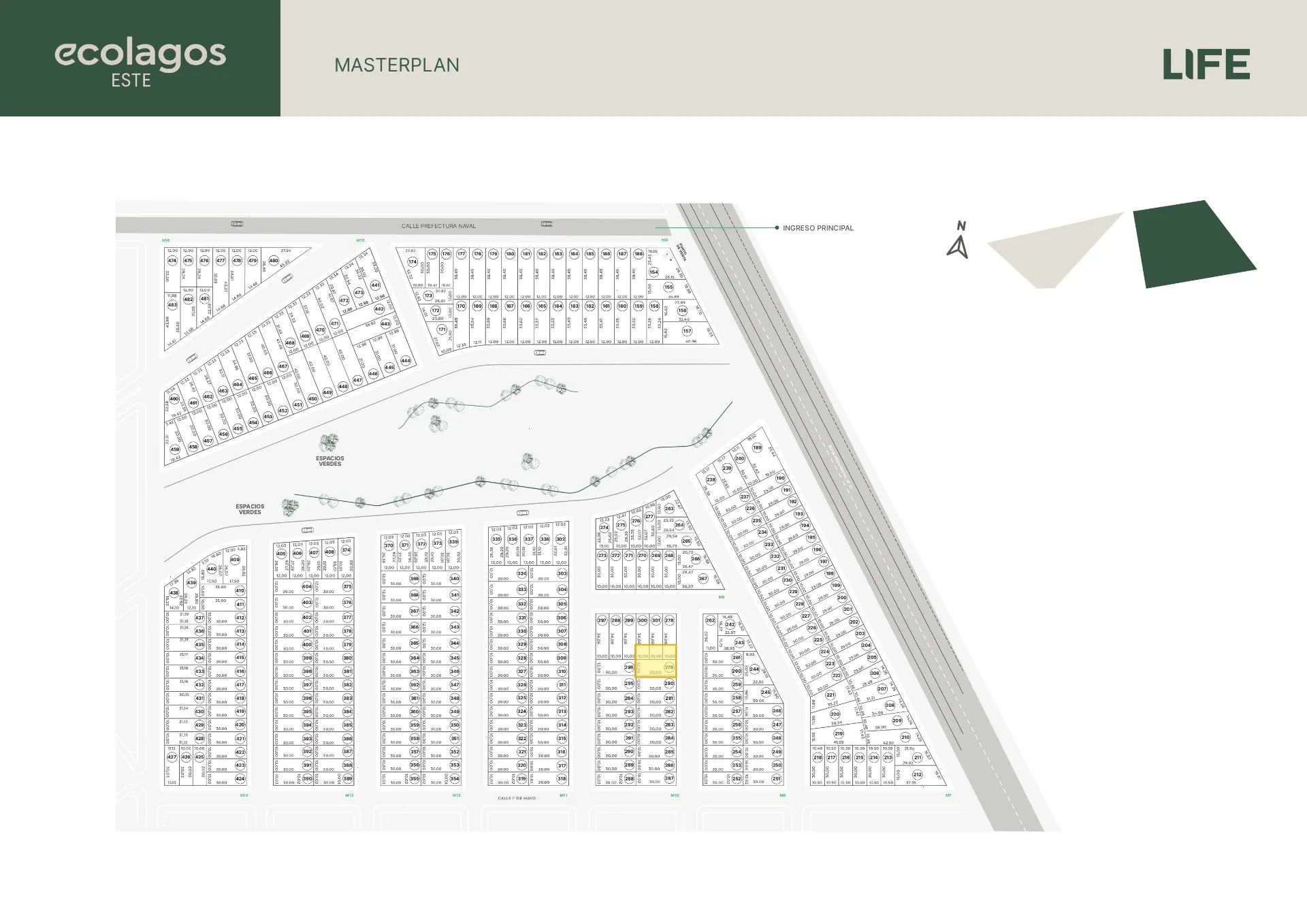 Plano de Barrio abierto Eco Lagos: Lote 360 m² listo para construir con todos los servicios. General Lagos