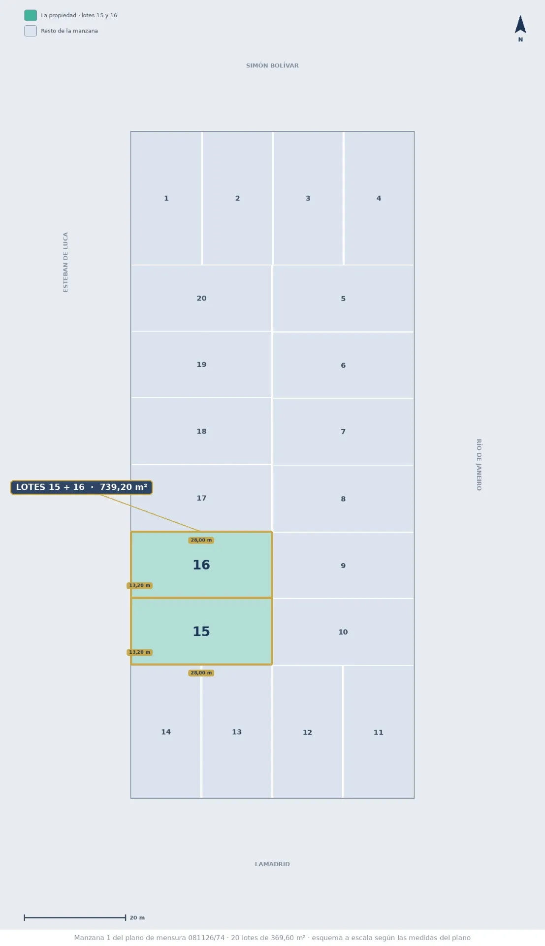 Plano de Casa con pileta, galería y parque sobre terreno de 739 m² en Pueblo Esther