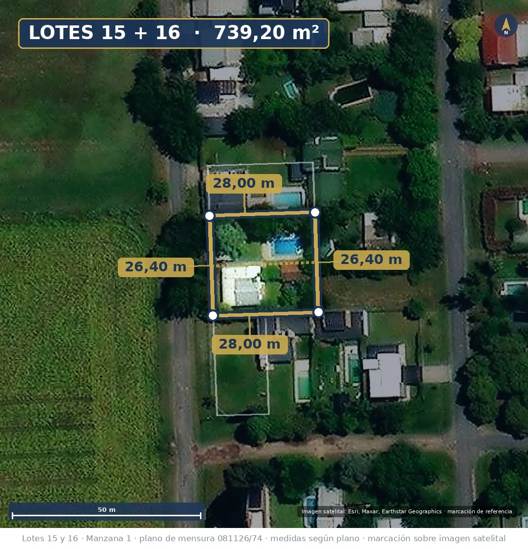 Plano de Casa con pileta, galería y parque sobre terreno de 739 m² en Pueblo Esther